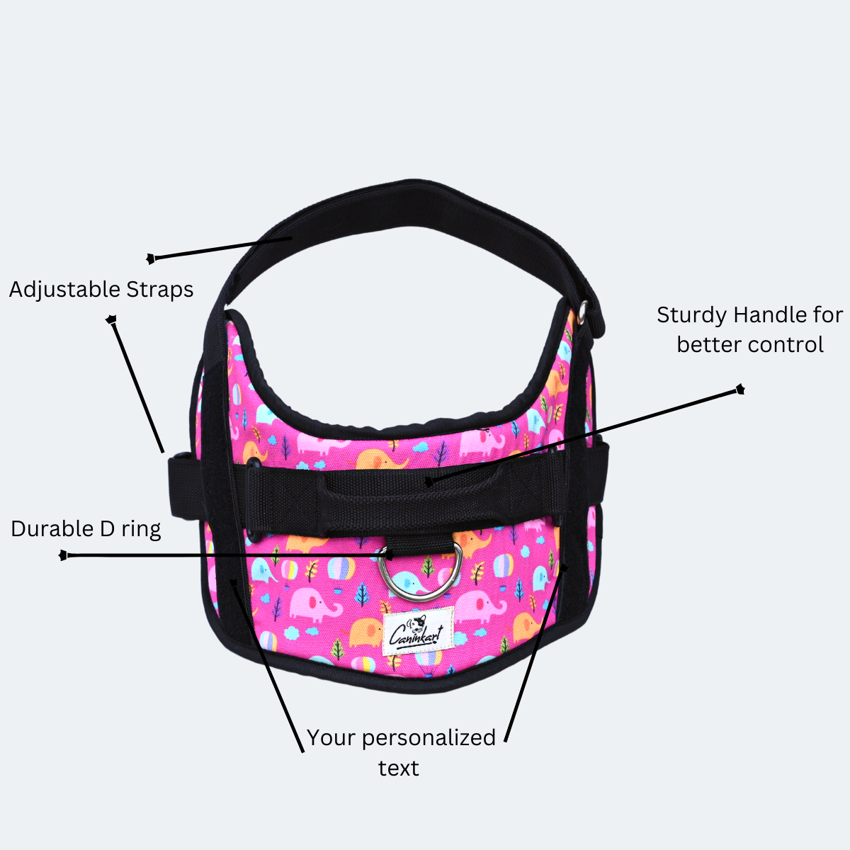Caninkart Personalized Elephant print Easy-on Harness (Fuchsia)