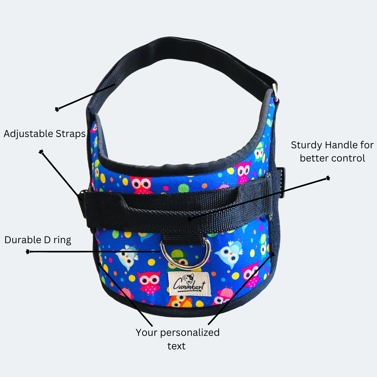 Caninkart Personalized Owl Easy-on Harness (Blue)